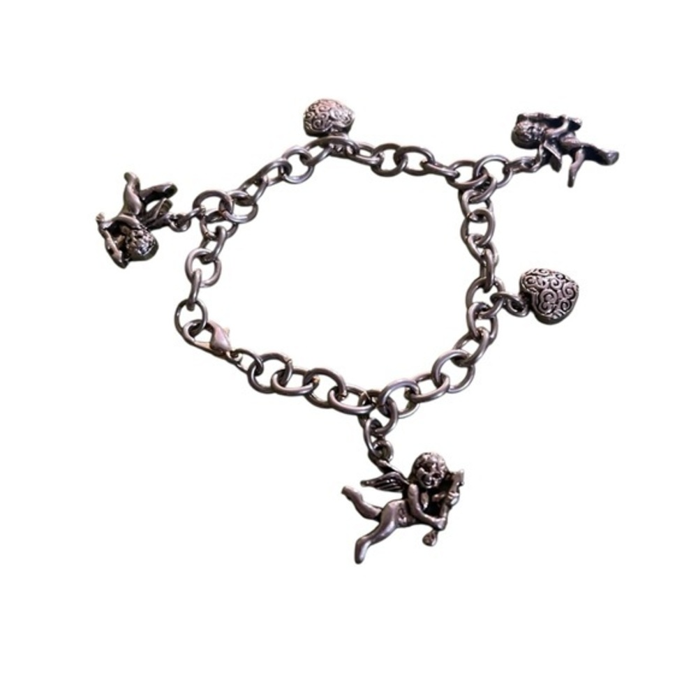New! Silver Charm Bracelet with Cupid & Hearts Pendants
